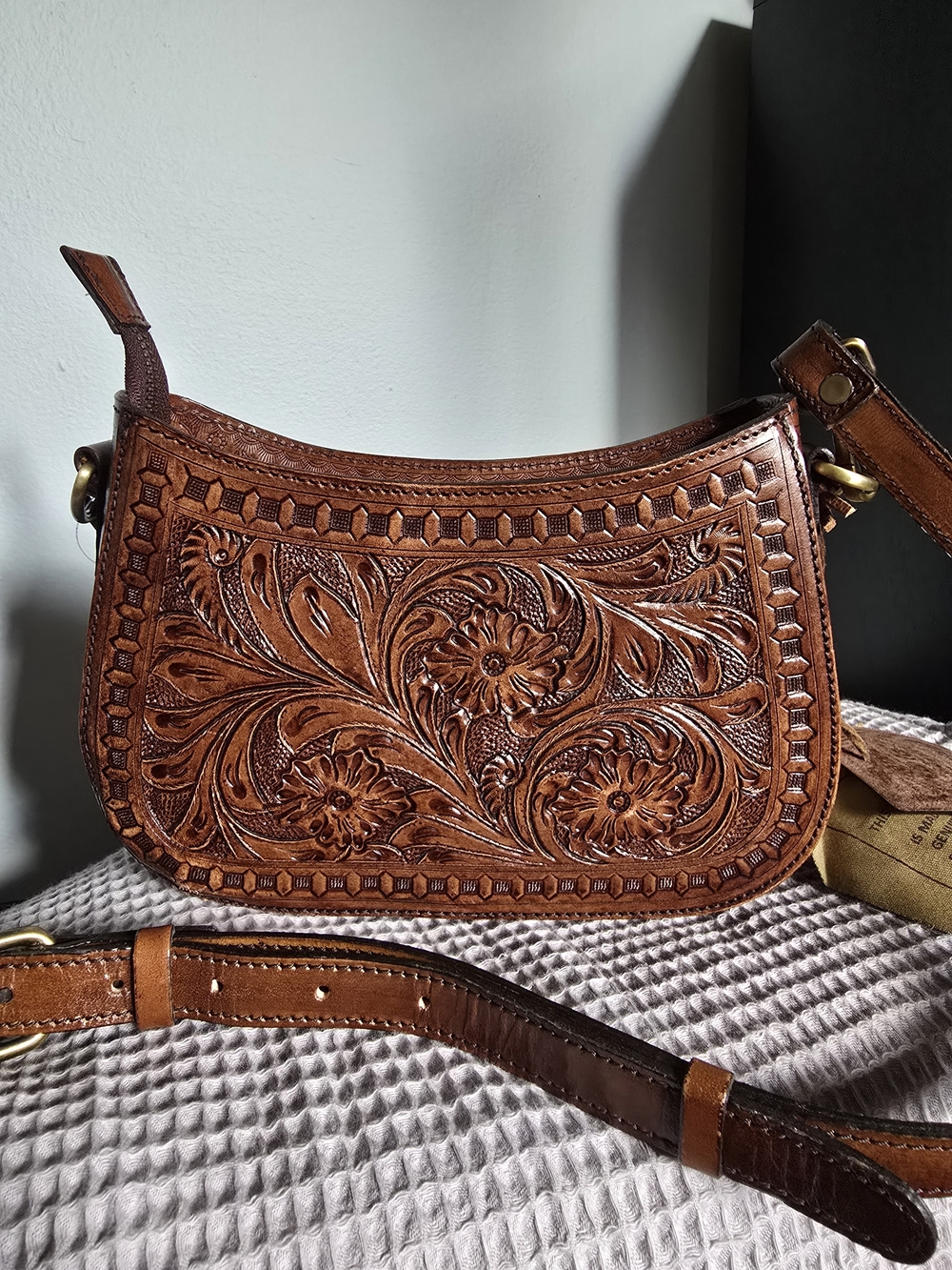 Artisan Tooled Floral Genuine Leather Crossbody Bag in Brown